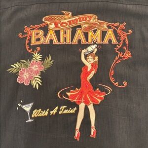 Tommy Bahama Silk Camp Shirt Embroidered Martini Pin-Up Graphic Black Size Large